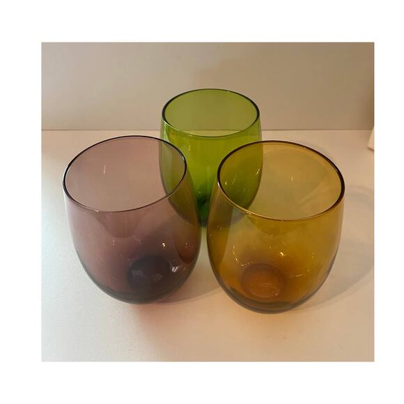 Crate and Barrel stemless wine glasses, multi color, set of 3 - Picture 4 of 5
